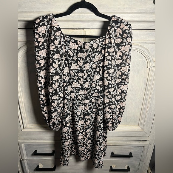 Mango MNG Black Pink Floral Puff‎ Sleeve Square Neck Rocio Mini Dress - Picture 9 of 10